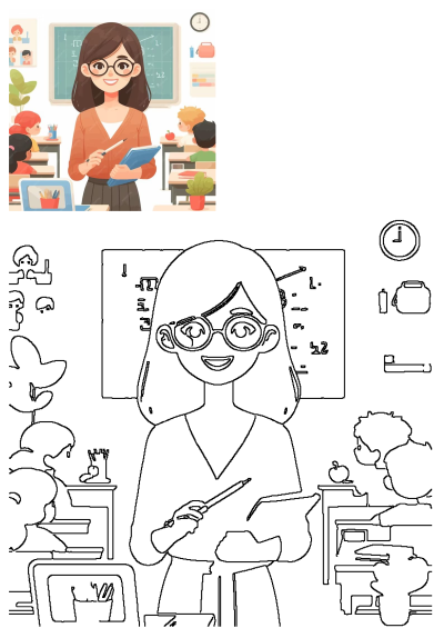 A smiling female teacher with glasses and an orange cardigan educates students in a lively classroom setting with a green chalkboard.