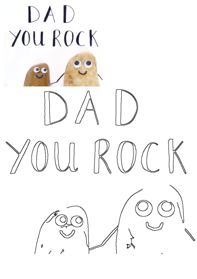 Two googly eye rocks holding hands beneath 'DAD YOU ROCK' text, with their outlines below. A sweet Father's Day craft idea.