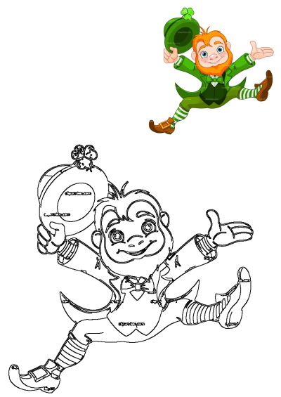 Vibrant cartoon leprechaun jumping excitedly for St. Patrick's Day with a shamrock hat, accompanied by a festive line art version.