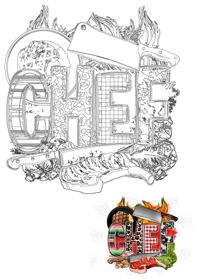 Chef with food illustrations, cooking, and culinary design. Outline art of the word CHEF, surrounded by knives, steak, and flames.