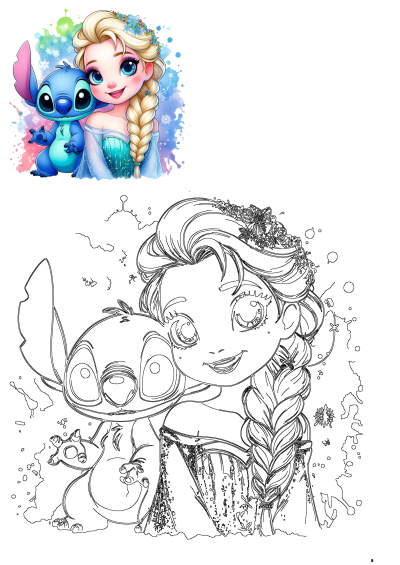 Chibi Elsa and Stitch watercolor illustration with vibrant splashes, featuring a charming outline version for kids to enjoy.