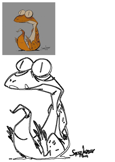 A cute, expressive orange cartoon lizard character with big, wide eyes sitting on a plain gray background, with an outline sketch.