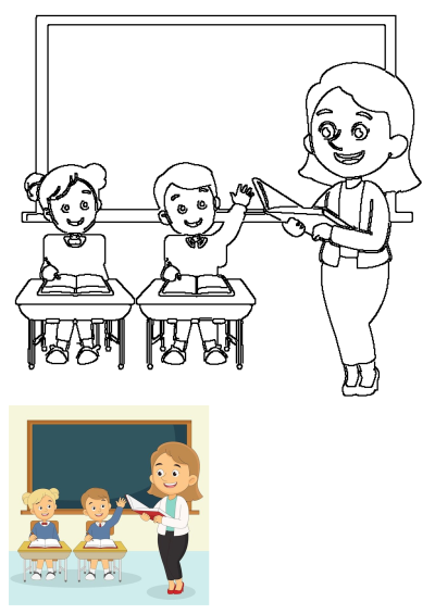A cartoon illustration of a teacher teaching children in a classroom. Features a female teacher, two students at desks with books, and one raising a hand.