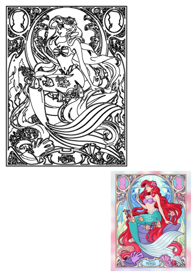 Art Nouveau style Disney Little Mermaid poster featuring Ariel with red hair, purple top, and a flowing mermaid tail.