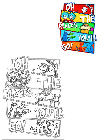 Colorful Dr. Seuss 'Oh The Places You'll Go!' title featuring iconic characters like Cat in the Hat, Lorax, & Things. Perfect for bookmarks.