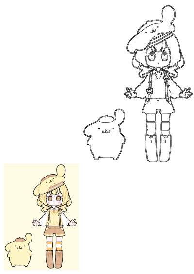 Cute character drawing of a blonde girl wearing a beret, suspenders, shorts, and a sweet yellow dog. Features both outline and colored versions.