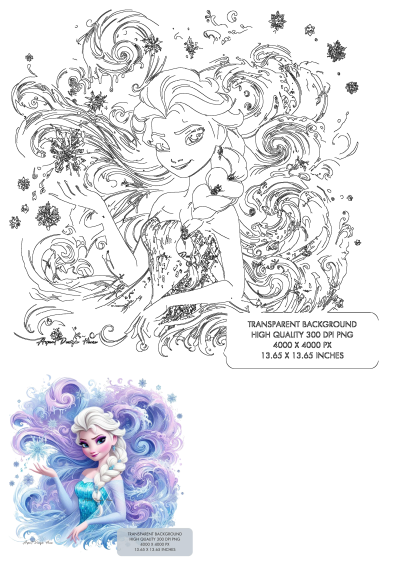 Frozen Princess Elsa blowing hair snowflake illustration. Intricate line art features Elsa conjuring icy snowflakes with flowing hair.
