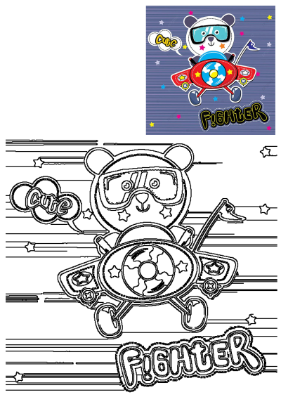 A cute cartoon bear wearing goggles, piloting a red fighter plane illustration with a propeller, set against a starry blue background.