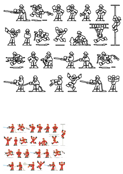 Cartoon firefighters in a variety of action poses wearing red uniforms. Includes holding hoses, axes, and climbing ladders.