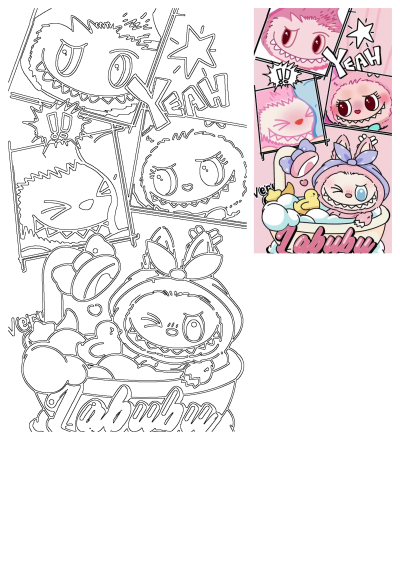 Cute pink monster Labubu character depicted in a comic strip format and enjoying a relaxing bubble bath with yellow rubber ducks.