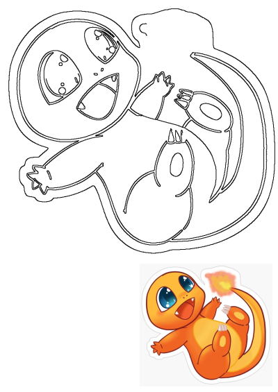 An outline drawing of a Cute Charmander Pokemon Cartoon Illustration, ideal for art projects, accompanied by a vibrant color reference.