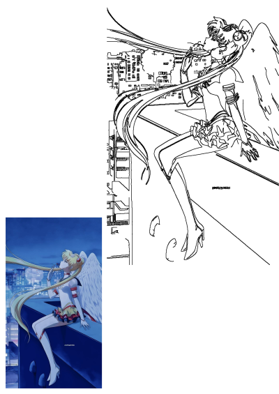 Sailor Moon with angel wings sitting on a rooftop, looking up at the night city lights. Features the iconic anime character in a serene pose.