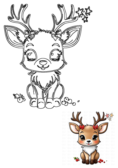 Cute baby reindeer with antlers, red bows, and stars. Includes a black and white outline and a colorful digital illustration with berries.