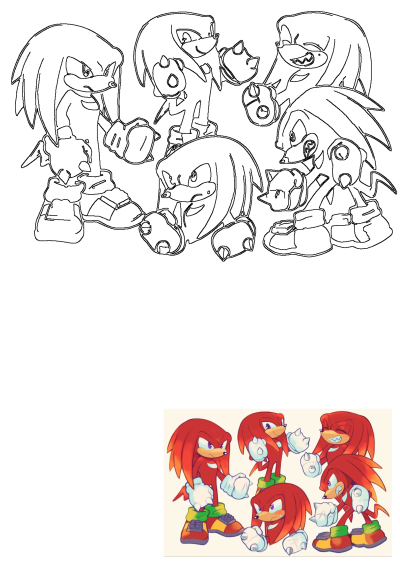 Knuckles the Echidna expressions cartoon Sonic character featuring multiple poses in both line art and vibrant colors.