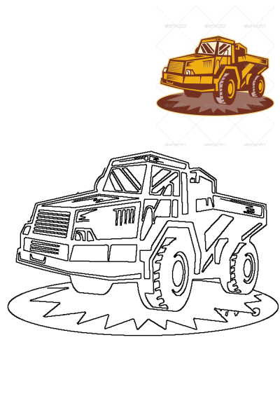 Yellow dump truck illustration in a lively cartoon graphic style, presented with a matching black outline line art version.
