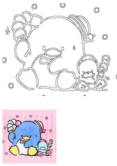 Adorable kawaii blue penguin drawing with a striped hat, holding multi-scoop ice cream cones, with a baby penguin, on a pink striped background.