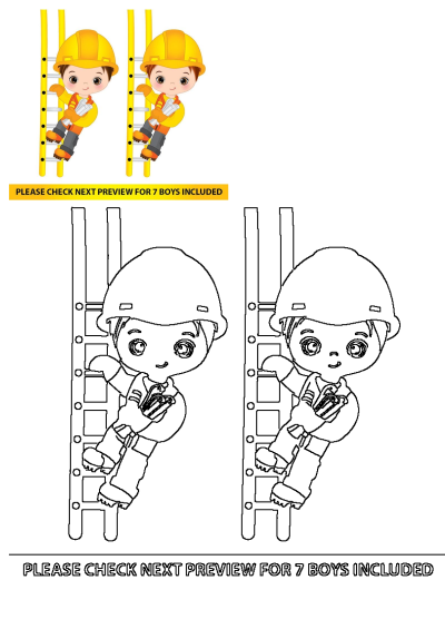 Cartoon construction boy in a yellow hard hat and orange vest climbing a ladder, holding blueprints, ready for work.