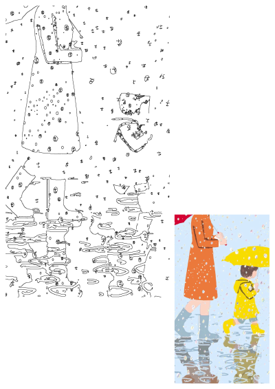 Whimsical illustration of a woman and child with colorful umbrellas enjoying a rainy day walk, splashing in puddles. Features playful smiley raindrops.