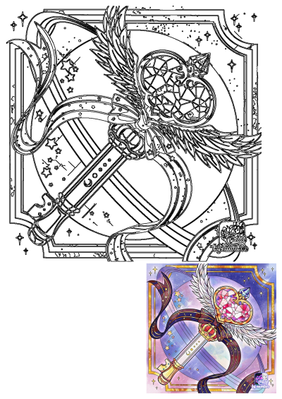 Detailed line art of a magical girl wand with a heart gem, ornate wings, flowing ribbons, and scattered stars in a celestial frame.