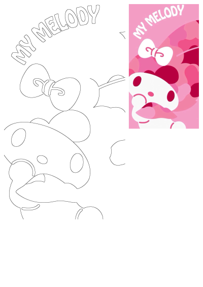 My Melody pink and white cartoon character displayed next to a black and white line art drawing of the same character.