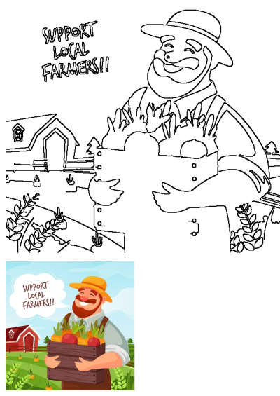 Outline of a smiling farmer with a hat and beard, holding a wooden crate of fresh fruit and vegetables. Text: 'SUPPORT LOCAL FARMERS!!'