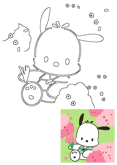 Cute Pochacco dog drawing with flowers in an outline style. This adorable Sanrio character is surrounded by various blossoms, perfect for creative expression.