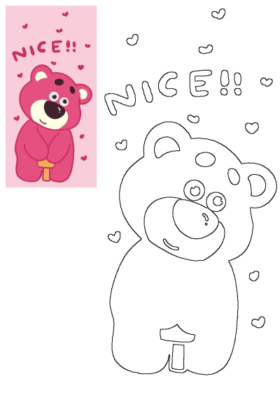 A cute pink cartoon bear with hearts and 'NICE!!' text, featured as both a vibrant illustration and a detailed outline for coloring.
