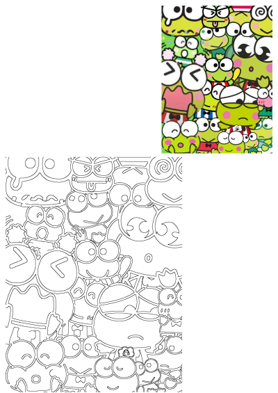 A vibrant collage of Keroppi cartoon characters with diverse expressions, including a colorful version and an outline for coloring.