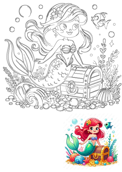 Cute cartoon mermaid with red hair and green tail sitting on a treasure chest, surrounded by sea plants, fish, and bubbles.