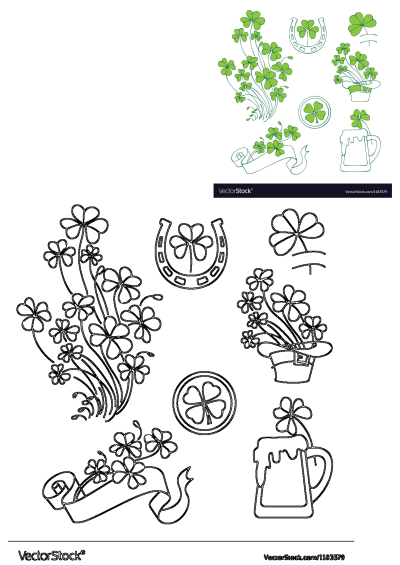 St Patrick's Day illustration set featuring green clovers, shamrocks, horseshoe, hat, mug, and ribbon designs on white background. Includes outlines.