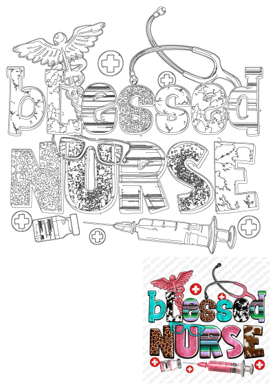 Blessed Nurse colorful appreciation design with caduceus, stethoscope, syringe, and medical cross symbols, featuring various vibrant patterns.