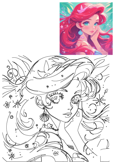 A vibrant fan art of Ariel from The Little Mermaid, showcasing her iconic red hair and blue eyes. Includes a detailed outline version.