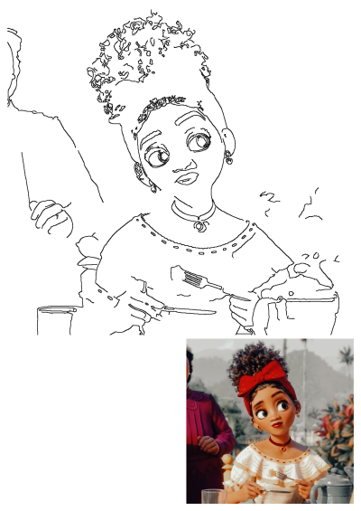 Line art illustration of Dolores Madrigal from Disney's Encanto, depicted holding a fork and knife while eating.