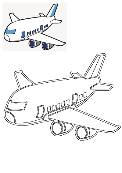 White and blue cartoon airplane flying with landing gear wheels out. Image includes a black outline version for coloring.