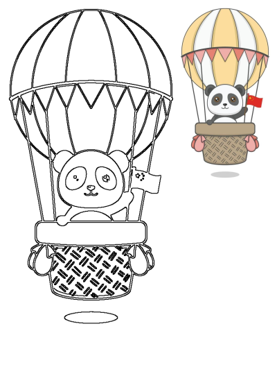 Cute panda in a hot air balloon holding a Chinese flag, presented as a black and white outline drawing for coloring.