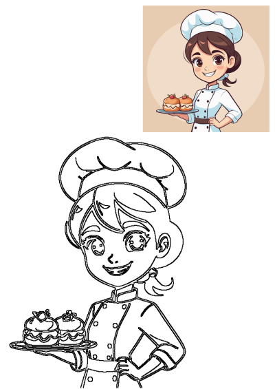 A smiling cartoon baker woman wearing a chef's hat presents delicious pastries on a tray, depicted in both colored and outline versions.