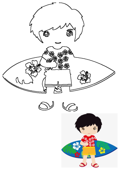 Outline of a cute young boy wearing a Hawaiian shirt and shorts, holding a surfboard decorated with flowers in a tropical style.