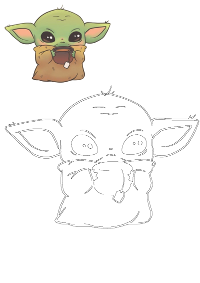 A charming illustration of Baby Yoda (Grogu) sipping tea, presented alongside its black-and-white outline for a fun coloring activity.