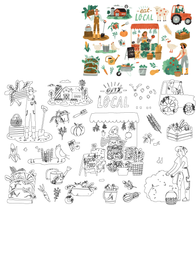 Vibrant illustration of farmers and a market stall selling fresh local produce, featuring farm animals, a barn, and a tractor. Promotes 'Eat Local' food.