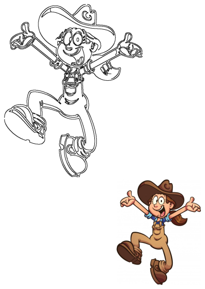 A cheerful cartoon cowboy girl wearing a hat and overalls, captured mid-air with arms outstretched and a big smile, showing pure joy.