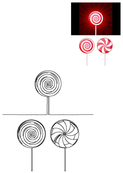 Vibrant red and white lollipops and candies featured as sweet treat illustrations alongside detailed line art designs.