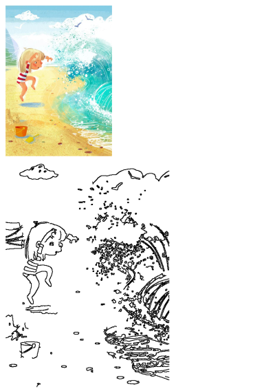 Girl playing on beach running away from wave. A blonde child in a striped swimsuit jumps to escape the ocean splash.