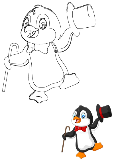 A charming cartoon penguin in a top hat, red bow tie, and holding a cane, depicted both in outline and full color.
