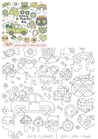 Groovy St. Patrick's Day clipart set with cute shamrocks, leprechaun hat, pot of gold, rainbow, and a green truck. Lucky Irish graphics.