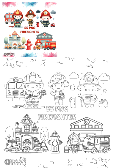 Cute Cartoon Firefighters Png Collection features adorable firefighters, fire trucks, stations, and hydrants in colorful PNGs and outline versions.