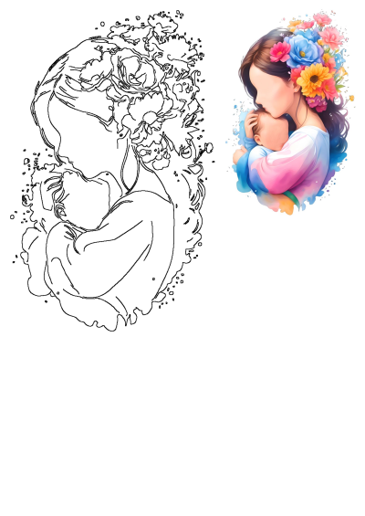 Tender watercolor art featuring a mother with a colorful flower crown embracing her baby, also includes line art for creative projects.