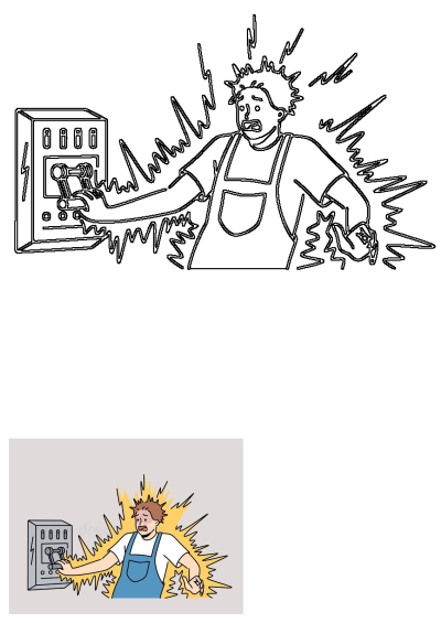 A man in overalls gets an electric shock from an electrical outlet switch, illustrating dangers and essential safety measures.