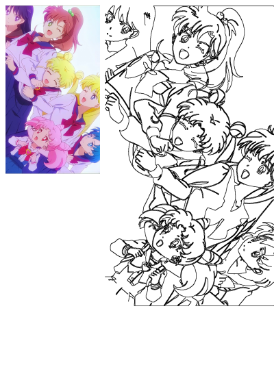 Sailor Moon anime characters pose happily together in school uniforms, featuring both a vibrant colored illustration and a detailed outline drawing.