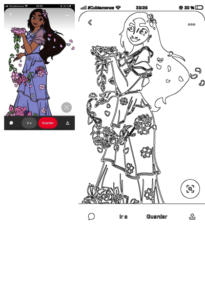 Encanto's Isabela Madrigal, with dark hair and a purple floral dress, holding pink flowers and vines. Includes a vibrant illustration and line art.