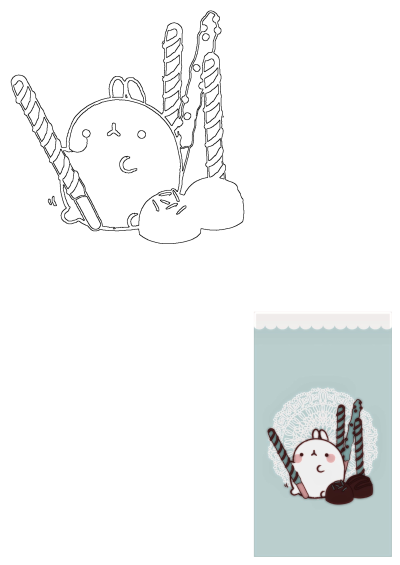 Cute cartoon character (Molang-like) laying with chocolate and candy sticks on a pastel blue background with a lace pattern.
